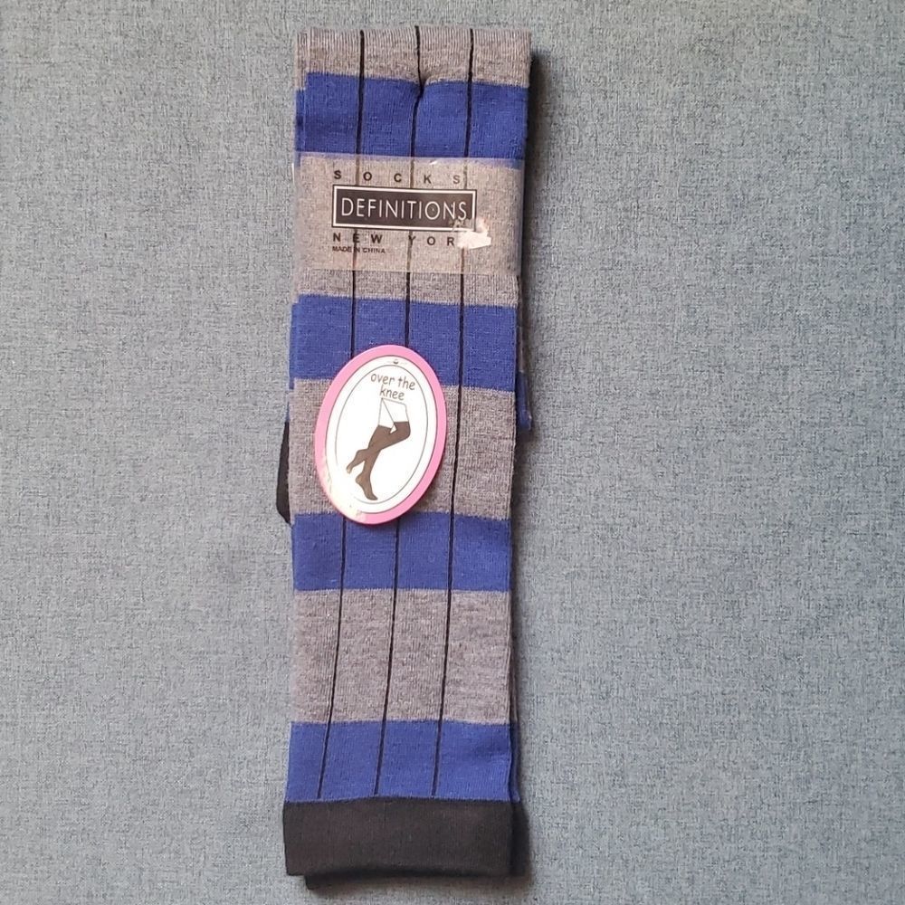 Blue Grey Black Over the Knee High Plaid Socks